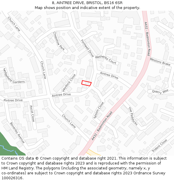 8, AINTREE DRIVE, BRISTOL, BS16 6SR: Location map and indicative extent of plot
