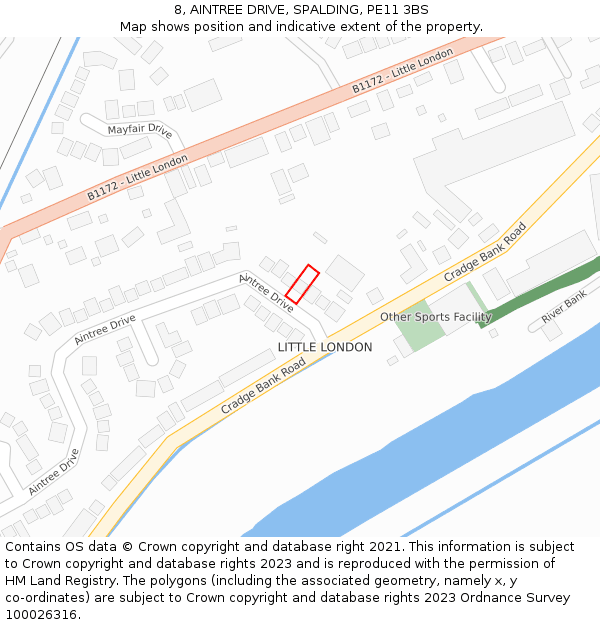 8, AINTREE DRIVE, SPALDING, PE11 3BS: Location map and indicative extent of plot