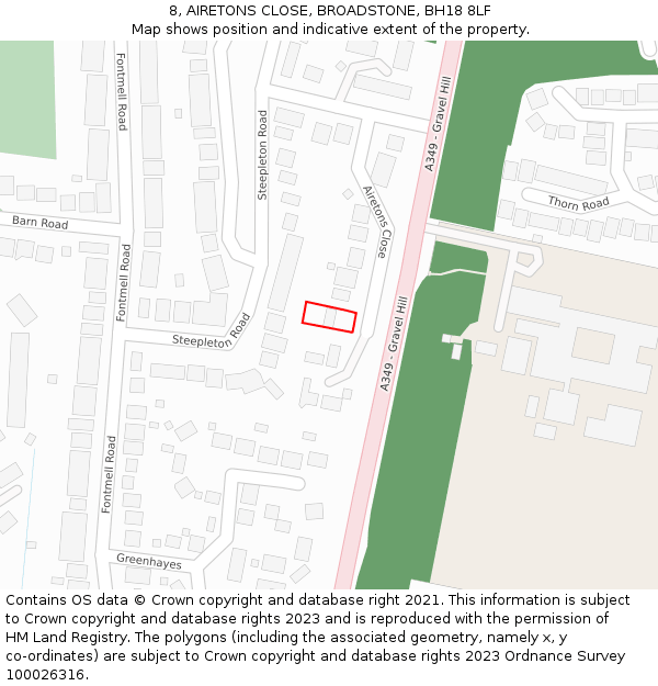 8, AIRETONS CLOSE, BROADSTONE, BH18 8LF: Location map and indicative extent of plot