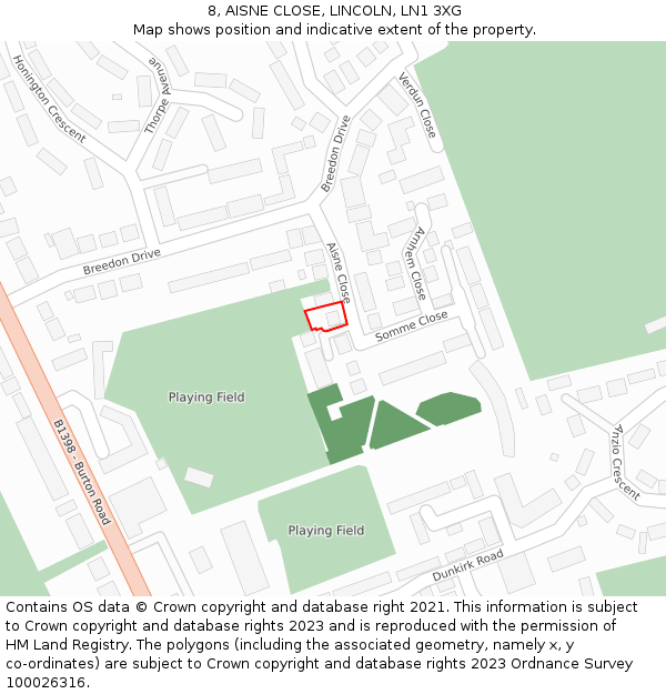 8, AISNE CLOSE, LINCOLN, LN1 3XG: Location map and indicative extent of plot