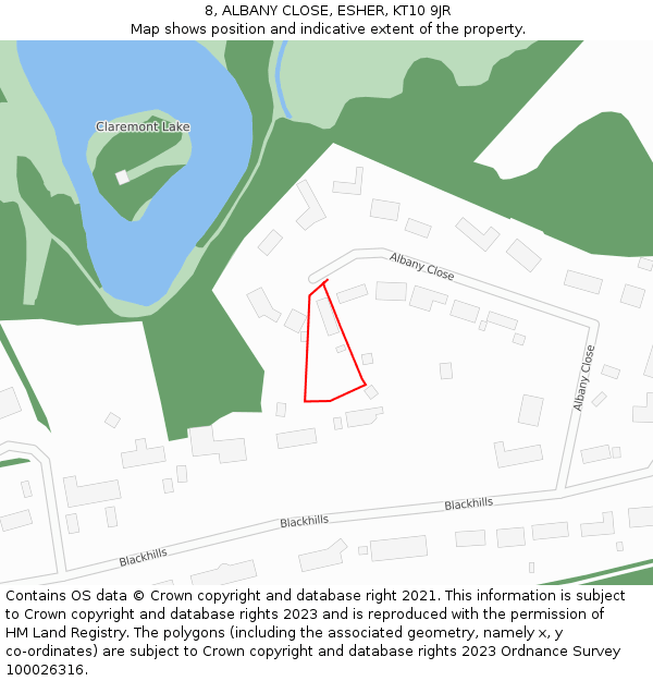 8, ALBANY CLOSE, ESHER, KT10 9JR: Location map and indicative extent of plot