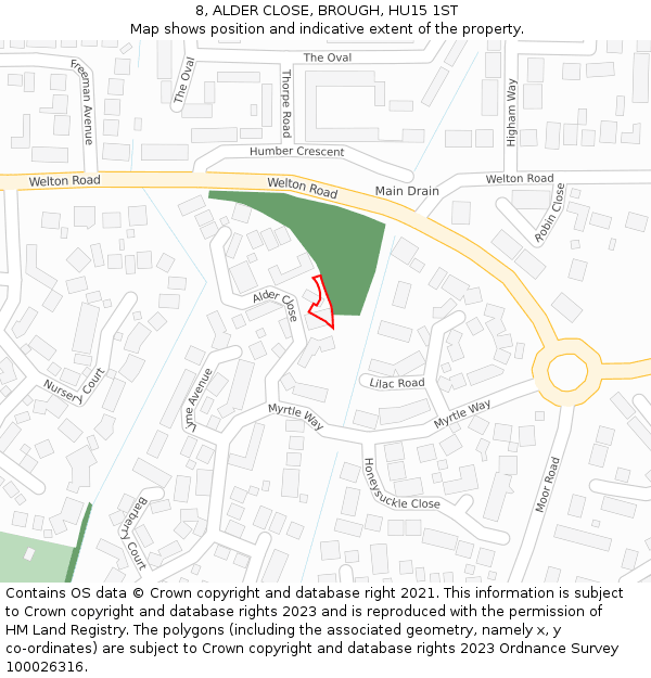 8, ALDER CLOSE, BROUGH, HU15 1ST: Location map and indicative extent of plot