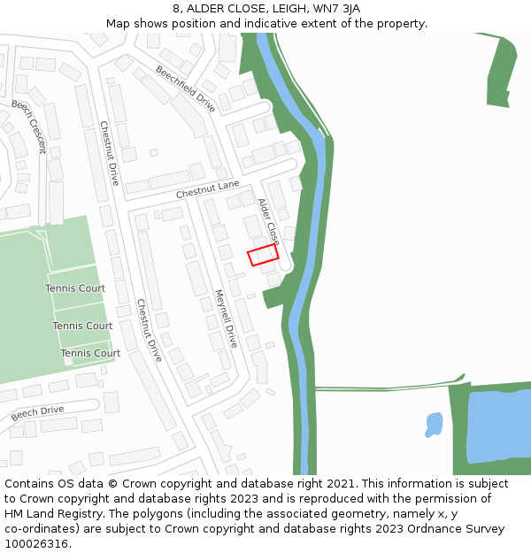 8, ALDER CLOSE, LEIGH, WN7 3JA: Location map and indicative extent of plot