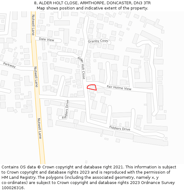 8, ALDER HOLT CLOSE, ARMTHORPE, DONCASTER, DN3 3TR: Location map and indicative extent of plot