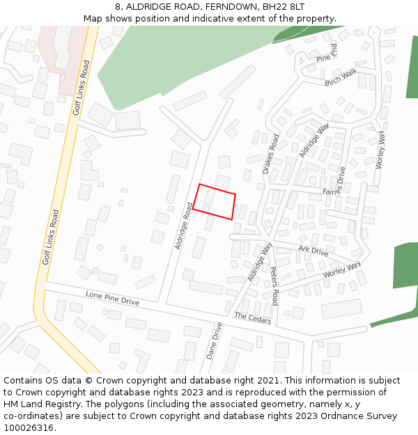 8, ALDRIDGE ROAD, FERNDOWN, BH22 8LT: Location map and indicative extent of plot