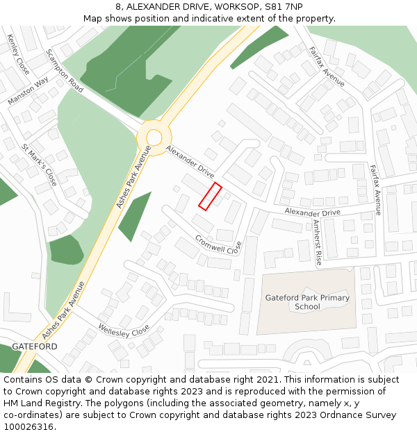 8, ALEXANDER DRIVE, WORKSOP, S81 7NP: Location map and indicative extent of plot