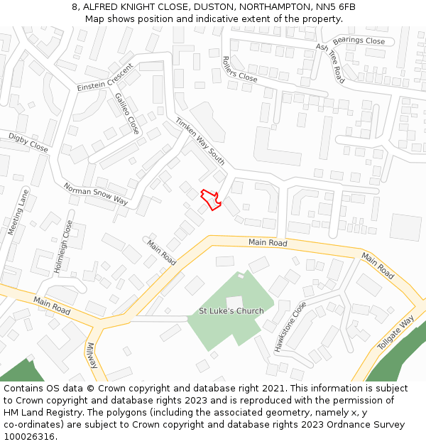 8, ALFRED KNIGHT CLOSE, DUSTON, NORTHAMPTON, NN5 6FB: Location map and indicative extent of plot