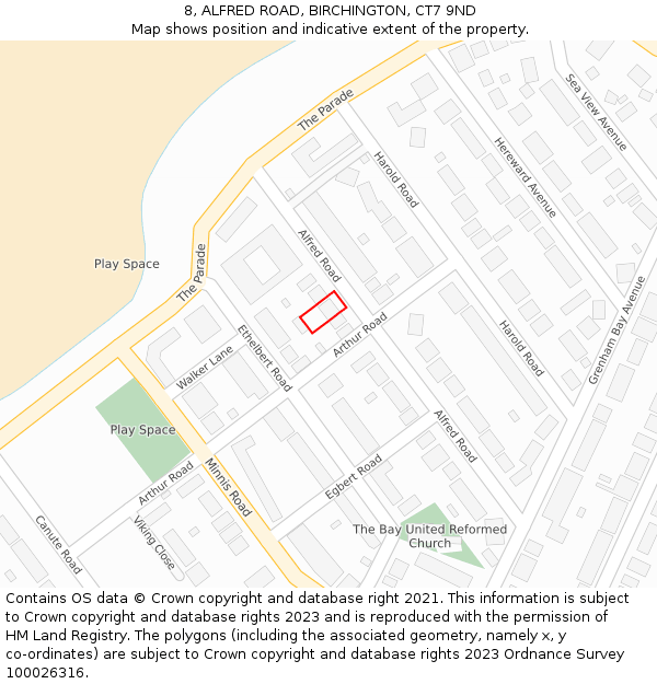 8, ALFRED ROAD, BIRCHINGTON, CT7 9ND: Location map and indicative extent of plot