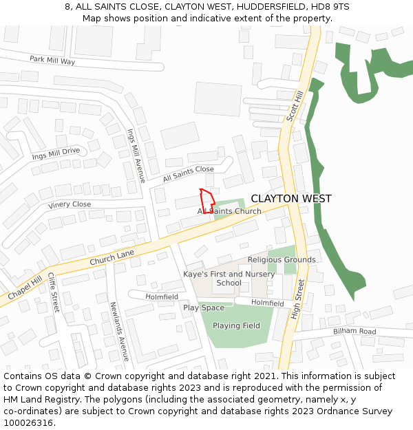 8, ALL SAINTS CLOSE, CLAYTON WEST, HUDDERSFIELD, HD8 9TS: Location map and indicative extent of plot