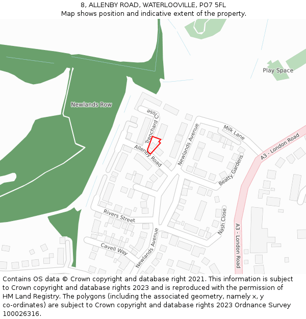 8, ALLENBY ROAD, WATERLOOVILLE, PO7 5FL: Location map and indicative extent of plot