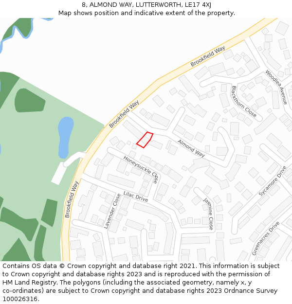 8, ALMOND WAY, LUTTERWORTH, LE17 4XJ: Location map and indicative extent of plot