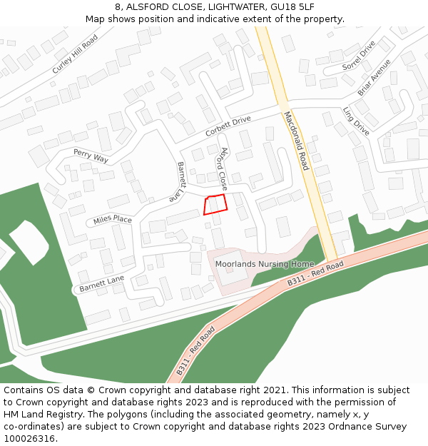 8, ALSFORD CLOSE, LIGHTWATER, GU18 5LF: Location map and indicative extent of plot