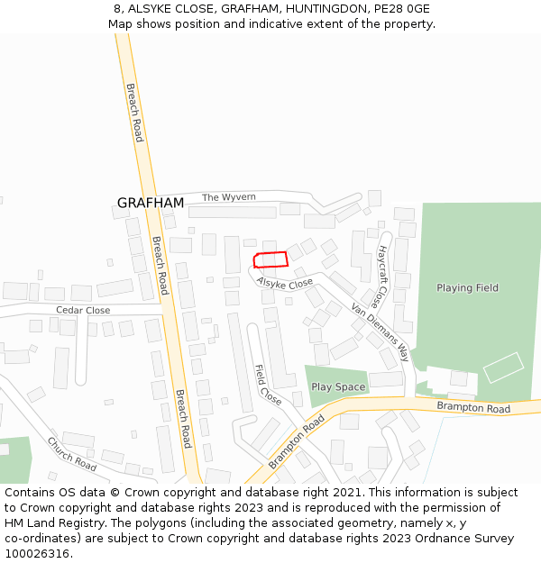 8, ALSYKE CLOSE, GRAFHAM, HUNTINGDON, PE28 0GE: Location map and indicative extent of plot