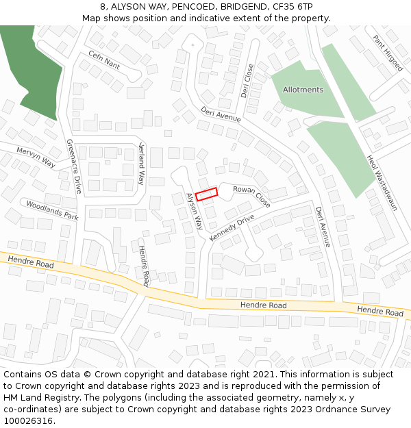 8, ALYSON WAY, PENCOED, BRIDGEND, CF35 6TP: Location map and indicative extent of plot