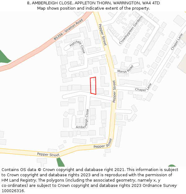 8, AMBERLEIGH CLOSE, APPLETON THORN, WARRINGTON, WA4 4TD: Location map and indicative extent of plot