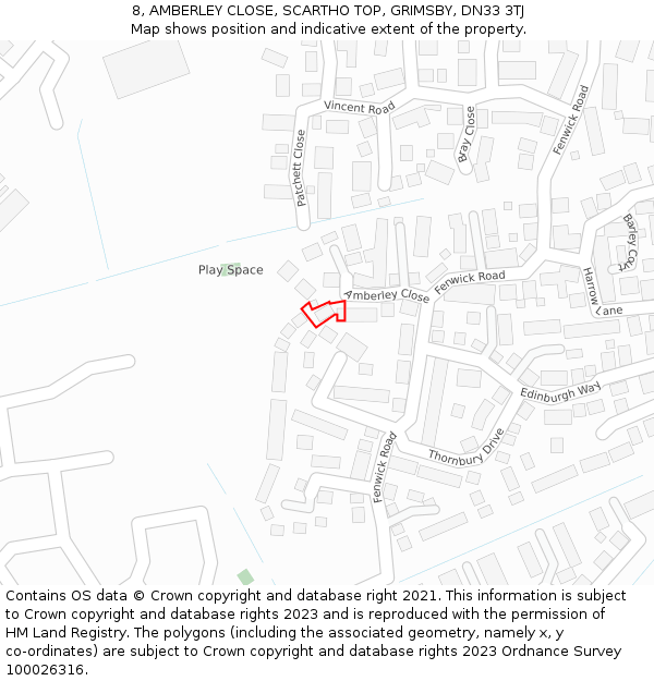 8, AMBERLEY CLOSE, SCARTHO TOP, GRIMSBY, DN33 3TJ: Location map and indicative extent of plot