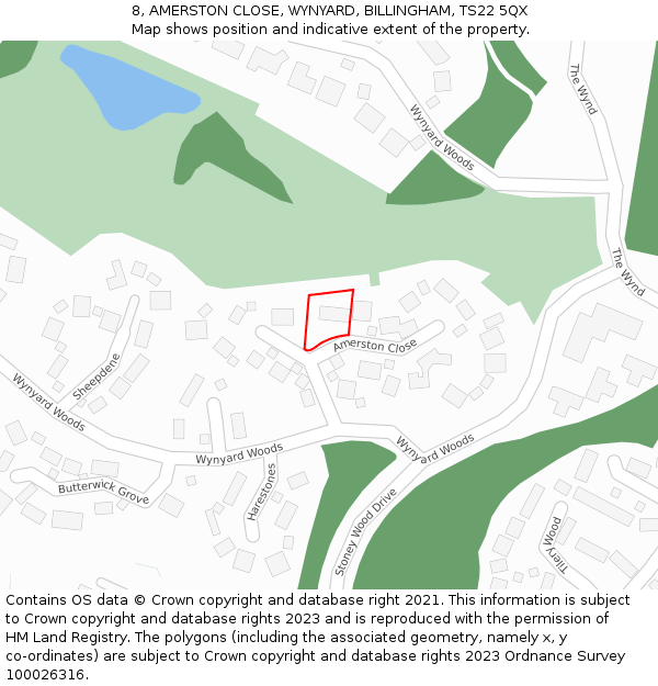 8, AMERSTON CLOSE, WYNYARD, BILLINGHAM, TS22 5QX: Location map and indicative extent of plot