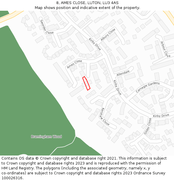 8, AMES CLOSE, LUTON, LU3 4AS: Location map and indicative extent of plot