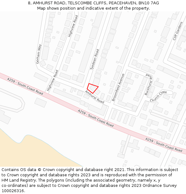 8, AMHURST ROAD, TELSCOMBE CLIFFS, PEACEHAVEN, BN10 7AG: Location map and indicative extent of plot