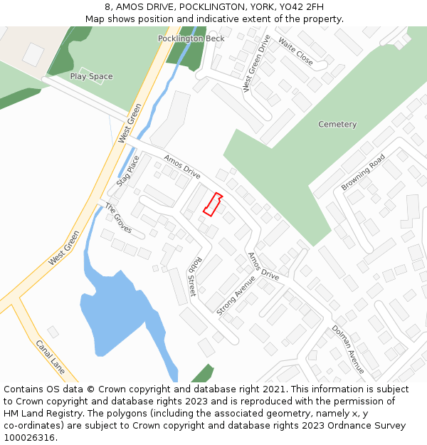 8, AMOS DRIVE, POCKLINGTON, YORK, YO42 2FH: Location map and indicative extent of plot