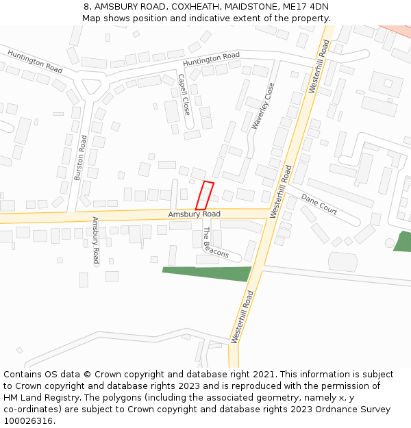 8, AMSBURY ROAD, COXHEATH, MAIDSTONE, ME17 4DN: Location map and indicative extent of plot