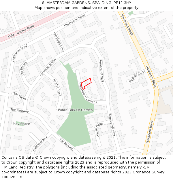 8, AMSTERDAM GARDENS, SPALDING, PE11 3HY: Location map and indicative extent of plot