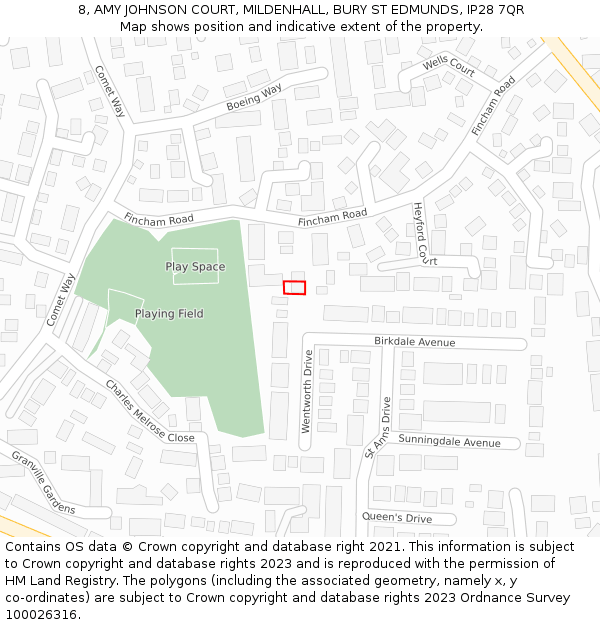 8, AMY JOHNSON COURT, MILDENHALL, BURY ST EDMUNDS, IP28 7QR: Location map and indicative extent of plot