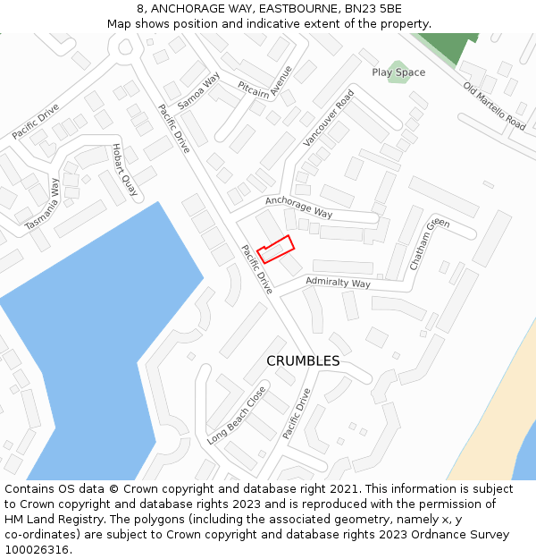 8, ANCHORAGE WAY, EASTBOURNE, BN23 5BE: Location map and indicative extent of plot