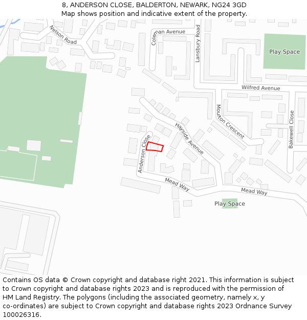 8, ANDERSON CLOSE, BALDERTON, NEWARK, NG24 3GD: Location map and indicative extent of plot