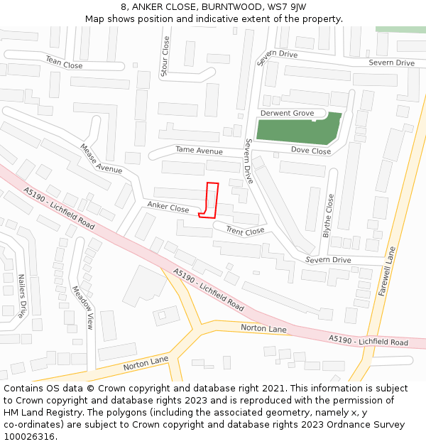 8, ANKER CLOSE, BURNTWOOD, WS7 9JW: Location map and indicative extent of plot