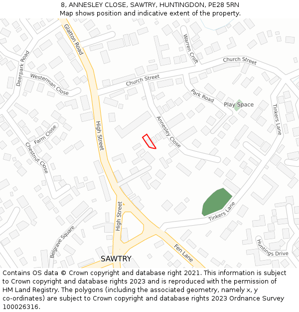 8, ANNESLEY CLOSE, SAWTRY, HUNTINGDON, PE28 5RN: Location map and indicative extent of plot