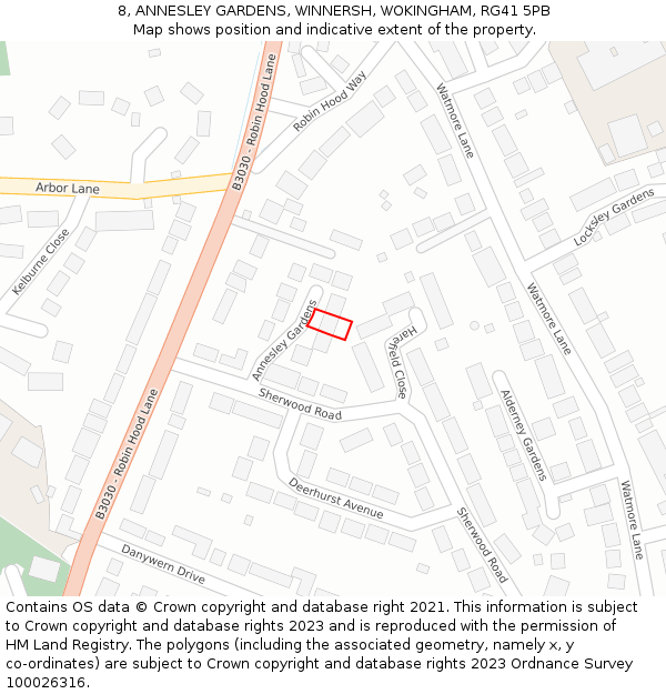 8, ANNESLEY GARDENS, WINNERSH, WOKINGHAM, RG41 5PB: Location map and indicative extent of plot