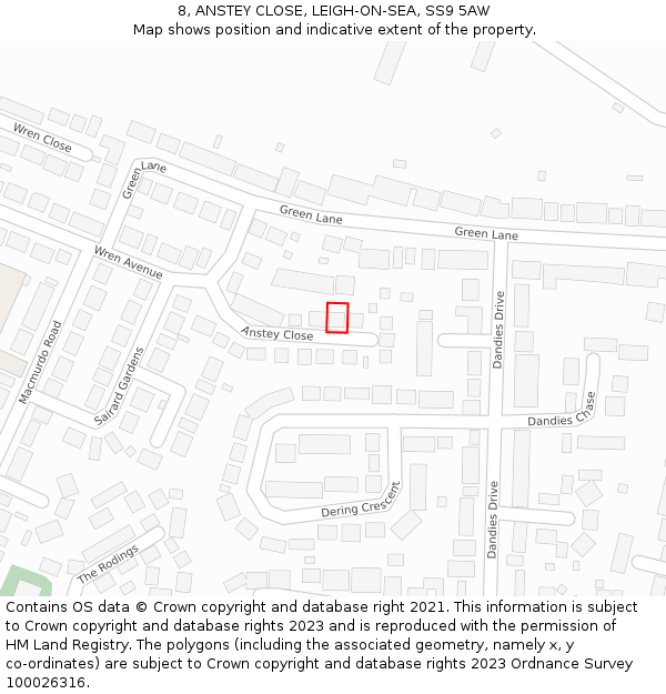 8, ANSTEY CLOSE, LEIGH-ON-SEA, SS9 5AW: Location map and indicative extent of plot