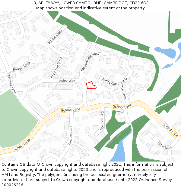 8, APLEY WAY, LOWER CAMBOURNE, CAMBRIDGE, CB23 6DF: Location map and indicative extent of plot