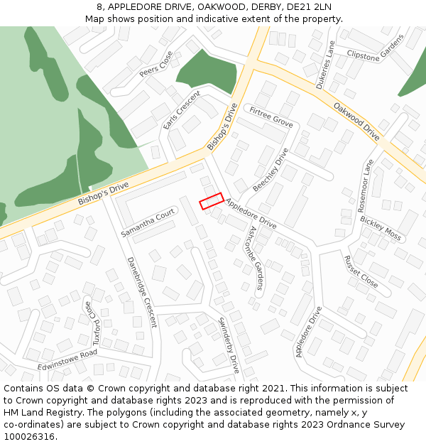 8, APPLEDORE DRIVE, OAKWOOD, DERBY, DE21 2LN: Location map and indicative extent of plot