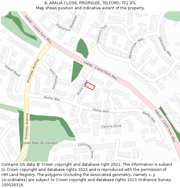 8, ARALIA CLOSE, PRIORSLEE, TELFORD, TF2 9TL: Location map and indicative extent of plot