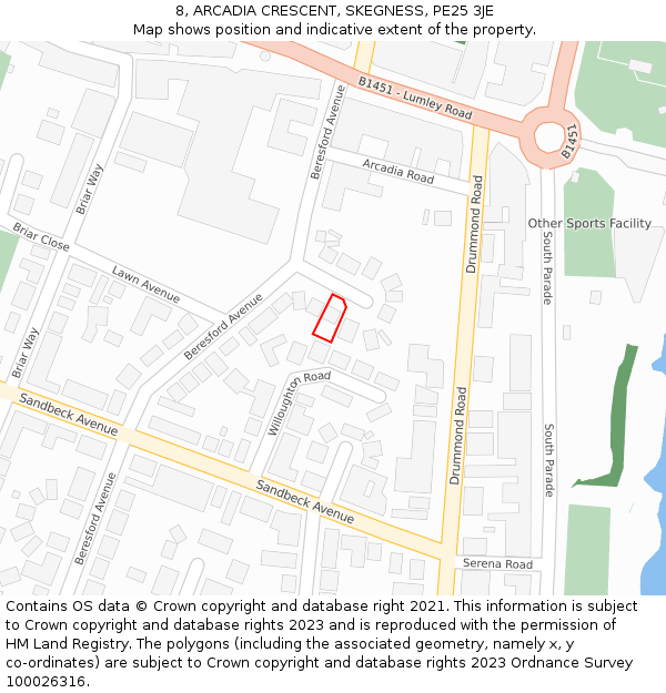 8, ARCADIA CRESCENT, SKEGNESS, PE25 3JE: Location map and indicative extent of plot