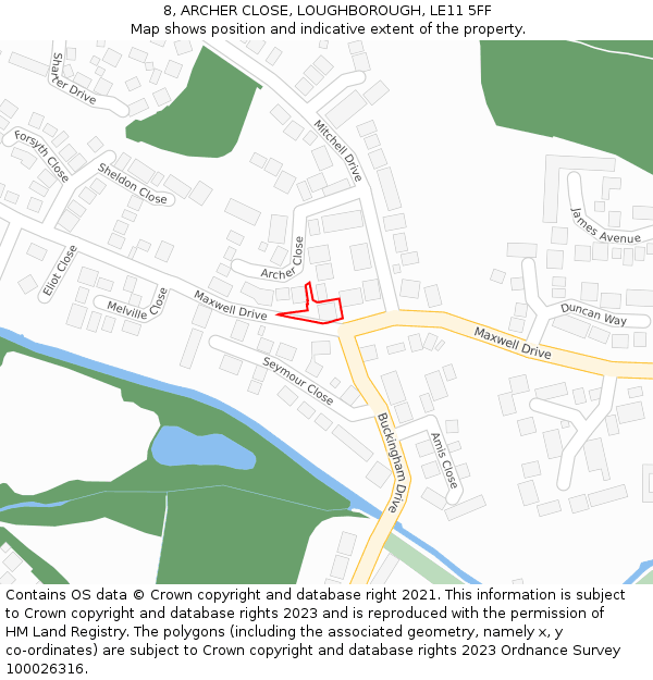 8, ARCHER CLOSE, LOUGHBOROUGH, LE11 5FF: Location map and indicative extent of plot