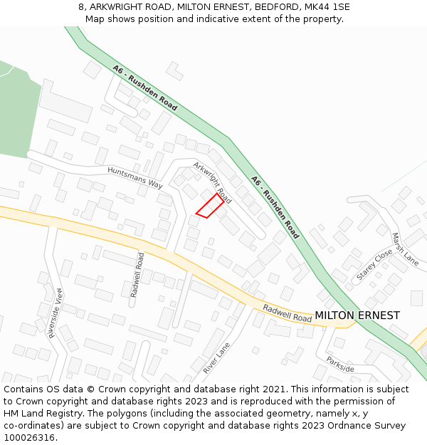 8, ARKWRIGHT ROAD, MILTON ERNEST, BEDFORD, MK44 1SE: Location map and indicative extent of plot
