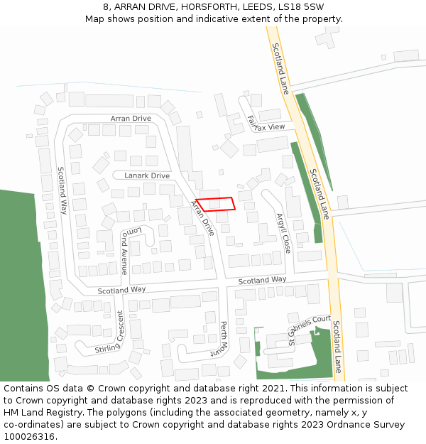 8, ARRAN DRIVE, HORSFORTH, LEEDS, LS18 5SW: Location map and indicative extent of plot