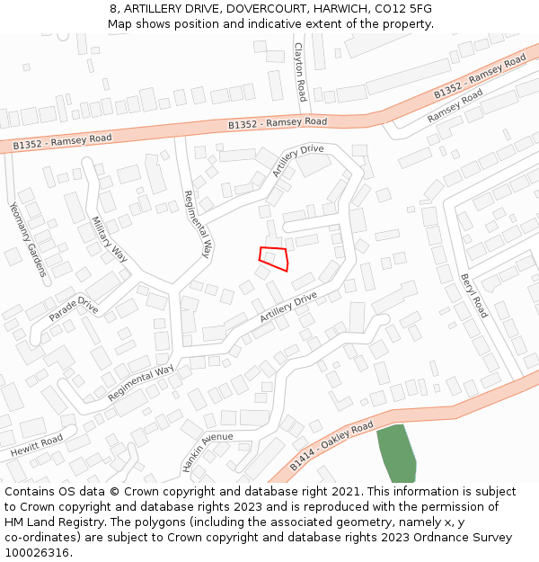 8, ARTILLERY DRIVE, DOVERCOURT, HARWICH, CO12 5FG: Location map and indicative extent of plot