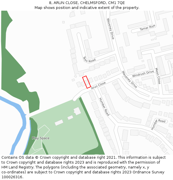 8, ARUN CLOSE, CHELMSFORD, CM1 7QE: Location map and indicative extent of plot