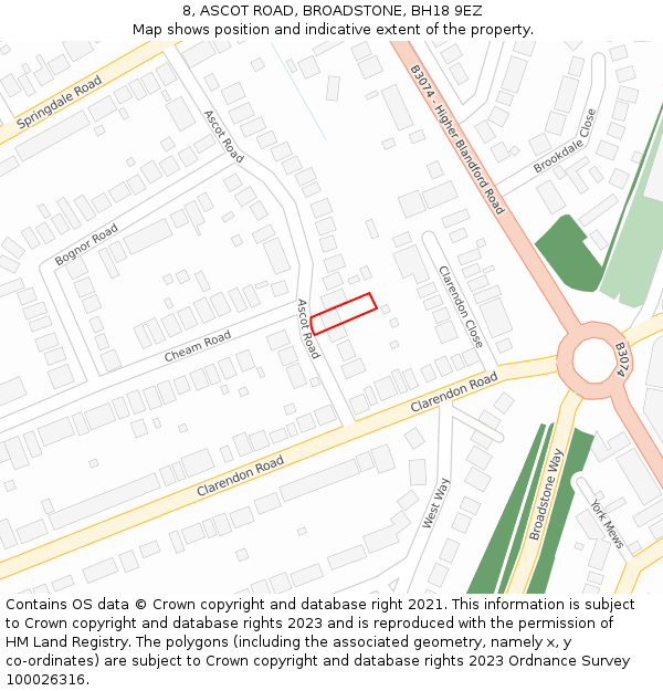 8, ASCOT ROAD, BROADSTONE, BH18 9EZ: Location map and indicative extent of plot