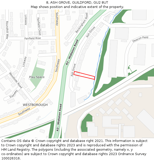 8, ASH GROVE, GUILDFORD, GU2 8UT: Location map and indicative extent of plot