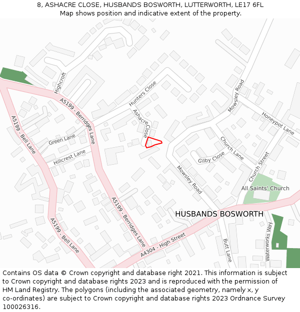 8, ASHACRE CLOSE, HUSBANDS BOSWORTH, LUTTERWORTH, LE17 6FL: Location map and indicative extent of plot