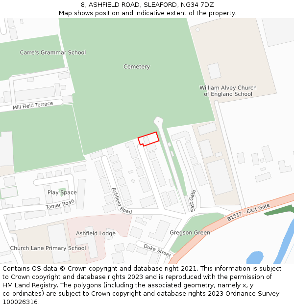 8, ASHFIELD ROAD, SLEAFORD, NG34 7DZ: Location map and indicative extent of plot