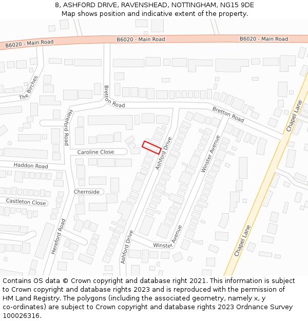 8, ASHFORD DRIVE, RAVENSHEAD, NOTTINGHAM, NG15 9DE: Location map and indicative extent of plot