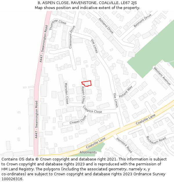 8, ASPEN CLOSE, RAVENSTONE, COALVILLE, LE67 2JS: Location map and indicative extent of plot