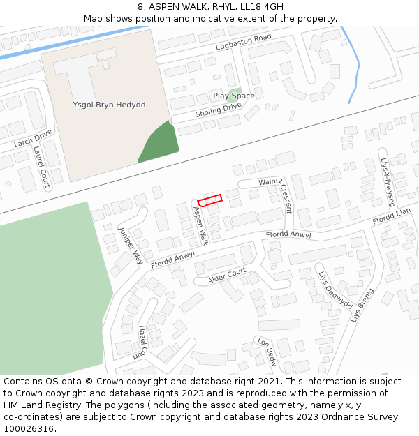 8, ASPEN WALK, RHYL, LL18 4GH: Location map and indicative extent of plot