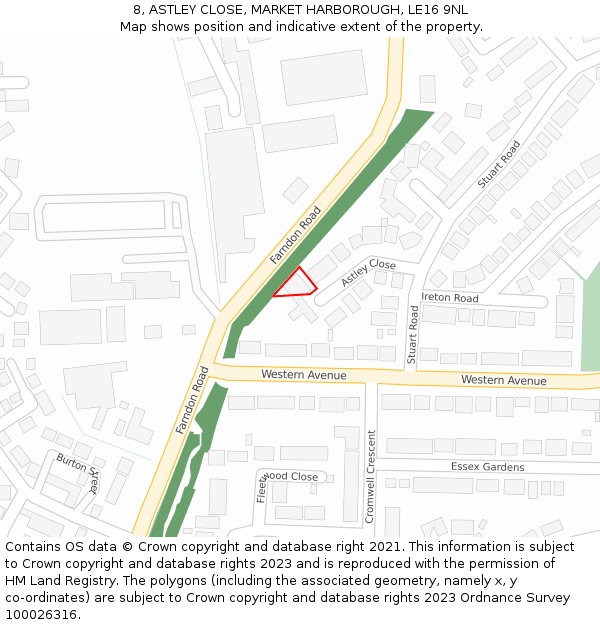8, ASTLEY CLOSE, MARKET HARBOROUGH, LE16 9NL: Location map and indicative extent of plot